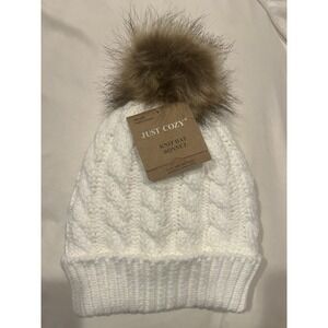 Just Cozy Knit Bonnet Women's Winter Ski Hat White Fur Pom Pom